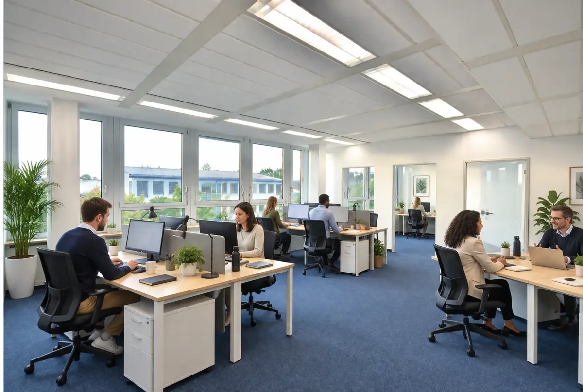 Großraumbüro mit arbeitenden Menschen, Fensterfront und Teppichboden